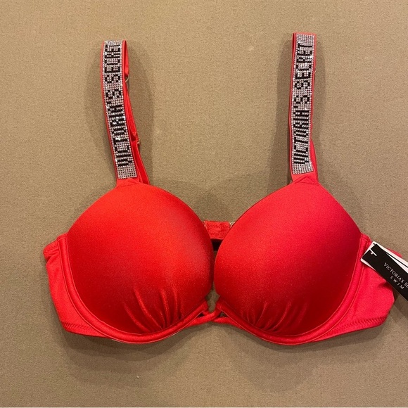 Victoria’s Secret Bling Rhinestone Logo Straps Push Up Bikini Top Red Sz 34B NWT - Picture 1 of 11